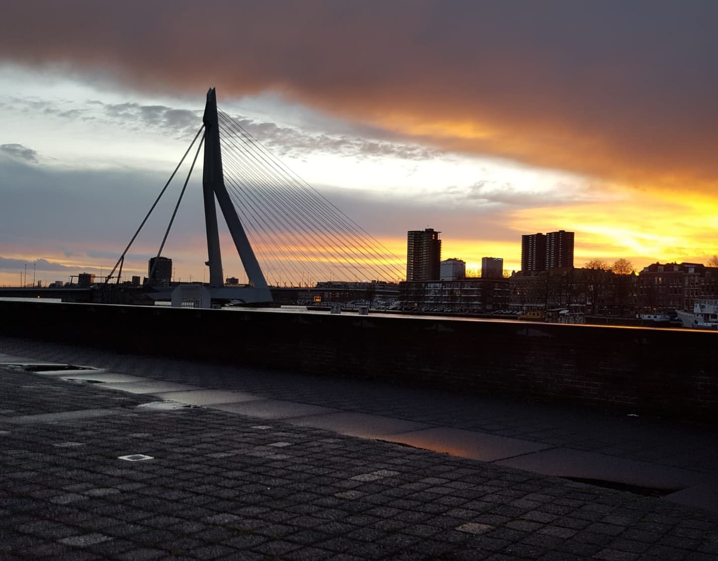 Sunset over the Erasmus Bridge and Rotterdam skyline, sky glowing orange